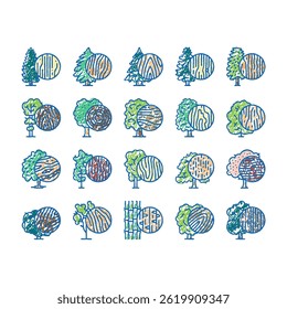 Wood Land Growth Natural Tree doodle icons set vector. Cherry Mango Fruit, Teak Oak, Spruce Hemlock, Maple Walnut Forest Growing Green Leaves Tree Line. Woodland sketch hand drawn