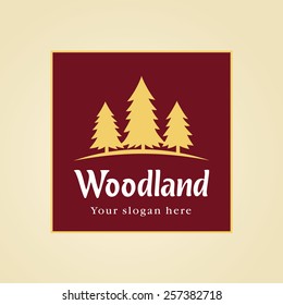 Wood land vector logo. Landscaping business company, garden service, real estate icon. National park, cottage town. Three fir-trees on hill. Out of town sign. Isolated abstract graphic design template