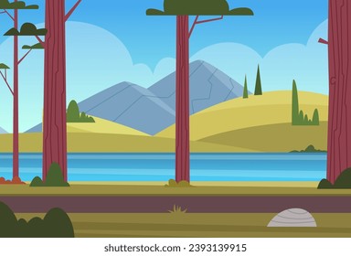Wood landscape. outdoor trees and mountains. Vector background in cartoon style