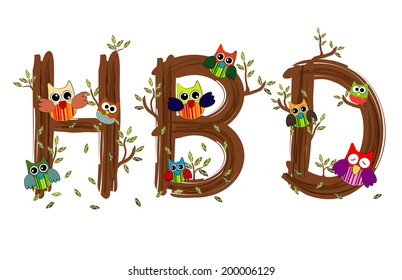 Wood Letter Happy Birthday Text Owl Vector