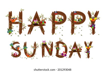 Wood Letter Happy Sunday Text Owl Vector
