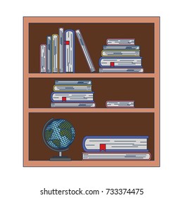 wood library with stack books and world map on white background vector illustration