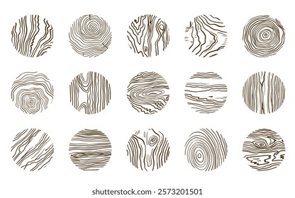 Wood line circle. Tree trunk cross section with topography rings, black and white timber log slices with contour sketch. Vector isolated set.