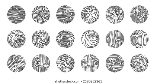 Wood line circle. Tree trunk cross section with topography rings, black and white timber log slices with contour sketch. Vector isolated set on white background