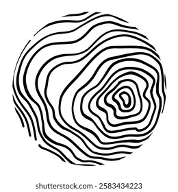 Wood line circle. Tree trunk cross section with topography rings, black and white timber log slices with contour sketch. Vector isolated icon on white background