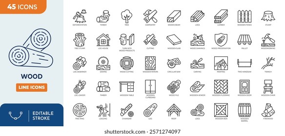 Wood line editable icon set. wood icon set. Vector illustration	

