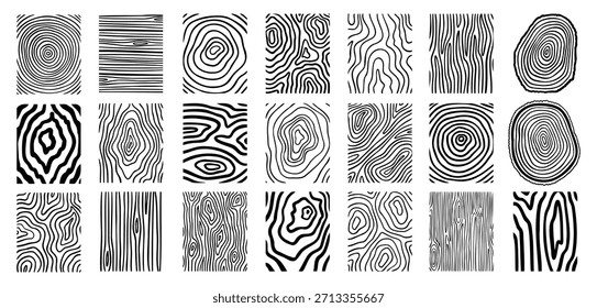 Conjunto de líneas dibujadas a mano de material de textura de líneas de madera. Anillos y círculos tronco de árbol curva geométrica, contorno de onda. Ilustración vectorial