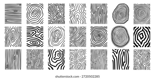 Wood lines texture material doodle hand drawn line set. Rings and circles tree trunk geometric curve, wave contour. Vector illustration