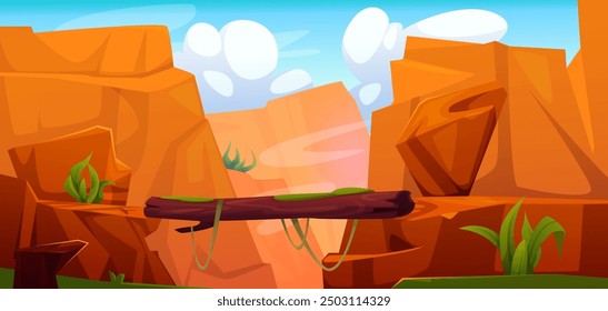 Wood log bridge on mountain cliff suspension edges over chasm in desert landscape with blue cloudy sky and green grass. Cartoon vector footbridge connection for extreme crossing of brown canyon.