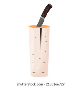 Wood log with a knife isolated on white background. Textured detailed clipart, boulder. Flat vector illustration