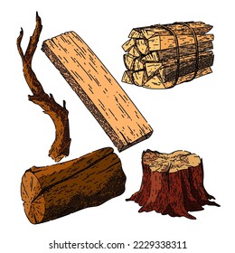 wood log set hand drawn vector. wooden tree, stump lumber trunk, plank cut, piece forest, timber branch wood log sketch. isolated color illustration