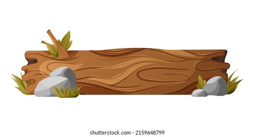 Wood, log with stones and leaves. Forest, nature, camping or hiking elements. Vector illustration in cartoon style on isolated background for sticker, banner, social media, website, games