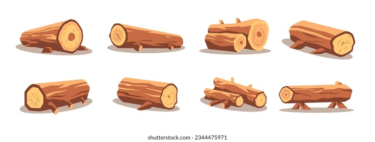Wood log and trunk illustration set. Wooden lumber material in cartoon style. Logs, firewood, branches icon vector
