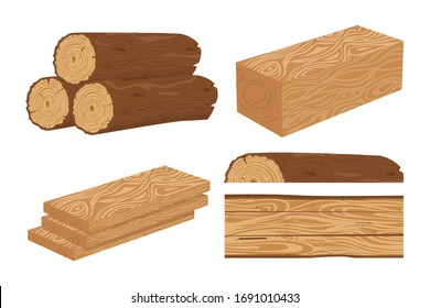 Wood log and trunk, stump and plank. Wooden firewood logs. Woodcutter wood forest material cartoon isolated vector icons set. Timber wood trunk. 