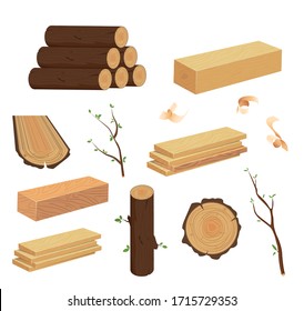 Wood log and trunk, stump and plank. Set of woodpile, brushwood, firewood hut, stacks wooden logs. 