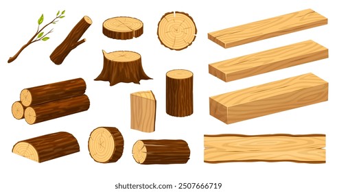 Wood log, wooden plank, isolated lumber and timber industrial materials. Vector set of tree branch with leaves, stacked logs, stump, woodwork planks, chopped circles, pieces and beams wooden products