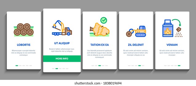 Wood Logging Industry Onboarding Mobile App Page Screen Vector. Forest Material Logging Transportation And Storaging, Lumberjack Cutting Tree Color Illustrations