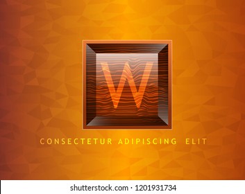 Wood Logo  orange and design vector,alphabet,lined pattern,Triangle Brown background frame,knot on splat,glossy