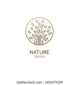 Wood logo template. Abstract outline round icon of tree with leaf. Vector emblem for business design, badge for a cosmetology, farming, ecology concept, spa, health and yoga Center.
