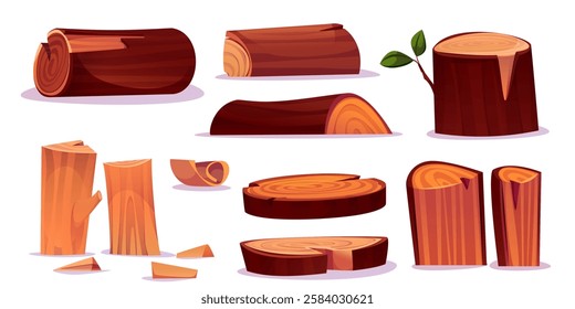 Wood logs, branches and tree trunks set isolated on white background. Vector cartoon illustration of wooden construction material, carpentry sticks, forest camp firewood, cut oak or pine timber