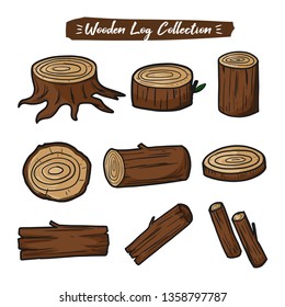 Wood logs collection set for forestry and lumber industry. Vector Illustration of wood stump, planks, trunks.