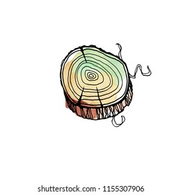 Wood logs as design element. Wooden trunk in hand drawn style watercolor. Ink wooden sketch isolated on white background. 