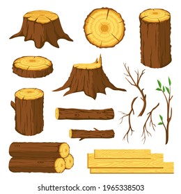 Wood logs. Firewood, tree stumps with rings, trunks, branches and twigs. Lumber industry forest materials. Wooden planks, timber vector set. Production industry elements. Hardwood for fireplace
