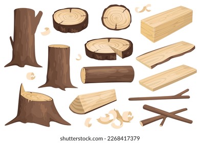 Los troncos de madera establecen elementos gráficos en diseño plano. Conjunto de diferentes tipos de troncos de árboles, trozos, tablas de carpintería, cortes redondos con patrones de anillos, ramas y chips. Ilustración vectorial de objetos aislados