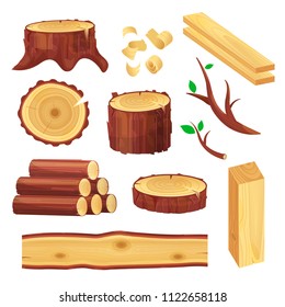 Wood logs set. Natural timber sawed into marketable boards and planks. Vector flat style cartoon wooden materials illustration isolated on white background