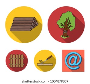 Wood, logs in a stack, chisel, fence. Lumber and timber set collection icons in flat style vector symbol stock illustration web.