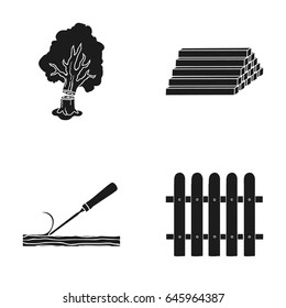 Wood, logs in a stack, chisel, fence. Lumber and timber set collection icons in black style vector symbol stock illustration web.