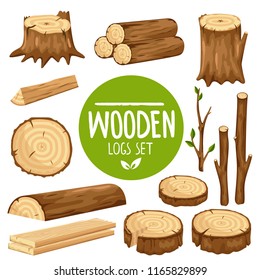 Wood Logs And Stubs Isolated On White Background. Cartoon Wood And Logs Set.