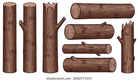 Wood Logs and Timber for Construction and Fuel with Different Shapes and Sizes