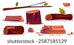 Wood logs and tree branches set with bark texture in brown colors. Cartoon cut trunks, round pieces, wooden planks, leafy twigs on white background for natural, camping or carpentry game assets.