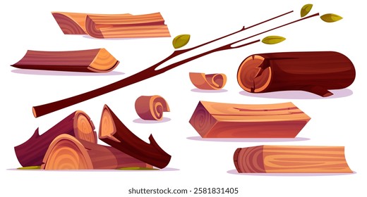 Wood logs and tree branches set with bark texture in brown colors. Cartoon cut trunks, round pieces, wooden planks, leafy twigs on white background for natural, camping or carpentry game assets.