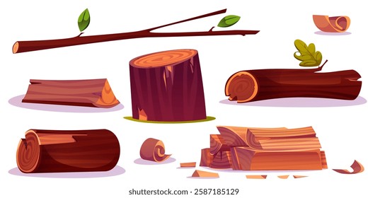 Wood logs and tree branches set with bark texture in brown colors. Cartoon cut trunks, round pieces, wooden planks, leafy twigs on white background for natural, camping or carpentry game assets.