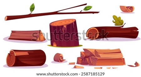 Wood logs and tree branches set with bark texture in brown colors. Cartoon cut trunks, round pieces, wooden planks, leafy twigs on white background for natural, camping or carpentry game assets.
