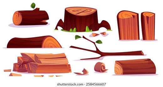 Wood logs, tree stump with grass and twigs, chopped timber pieces, wooden branches with leaves, cut trunks with bark rings and annual circles. Natural timber materials set for camping bonfire.