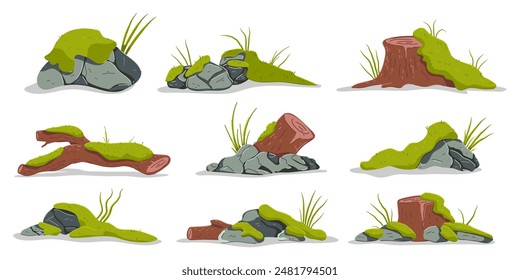 Wood logs, tree stumps, rocks and stones with moss and grass vector cartoon illustration set isolated on a white background.