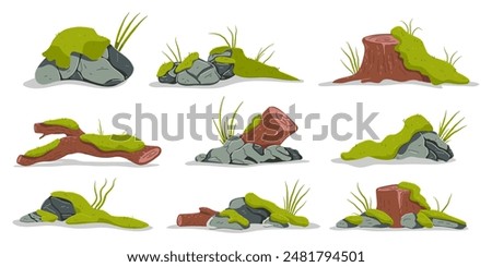 Wood logs, tree stumps, rocks and stones with moss and grass vector cartoon illustration set isolated on a white background.