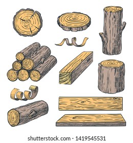 Wood logs, trunk and planks, vector color sketch illustration. Hand drawn wooden materials isolated on white background. Firewood set.