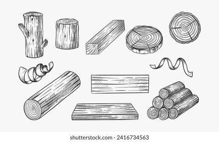 Wood logs, trunk and planks, vector sketch illustration. Hand drawn wooden materials. Firewood set.