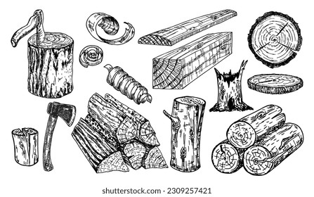 Leñadores de madera, ilustración de esbozo del vector del tronco. Materiales de madera dibujados a mano. Juego de sketch de leña. Anillos anuales sobre un árbol cortado. Tapones de madera y hacha.