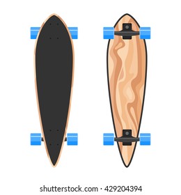 Wood longboard two sides. Vector Illustration isolated on white background. 