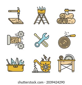 Wood, lumber, wood manufacturing icon sets. Thin line icons of wood production process. Manufacturing icon set. Colorful linear set.