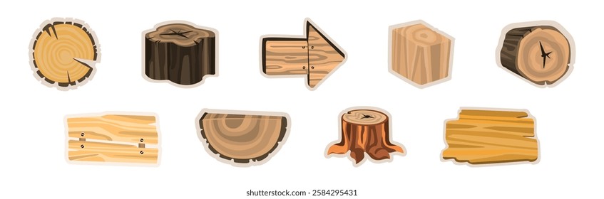 Wood and Lumber Material Sticker and Element Vector Set.