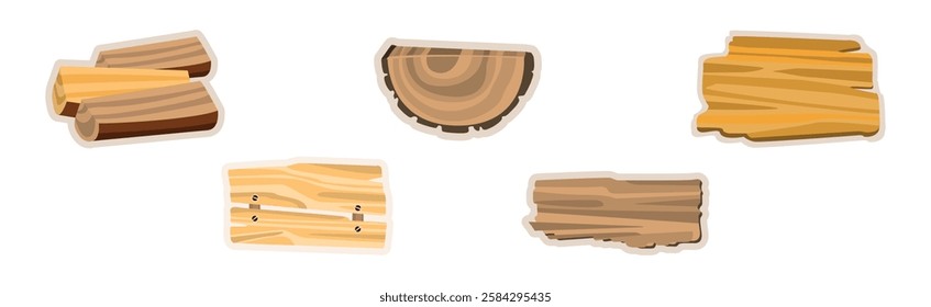 Wood and Lumber Material Sticker and Element Vector Set.