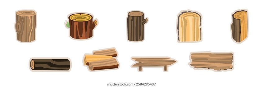 Wood and Lumber Material Sticker and Element Vector Set.