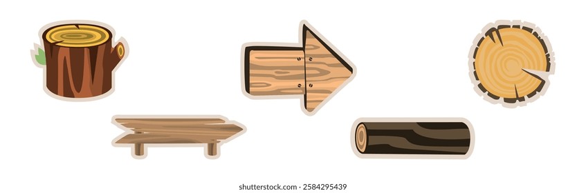 Wood and Lumber Material Sticker and Element Vector Set.