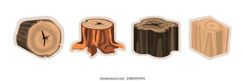 Wood and Lumber Material Sticker and Element Vector Set.